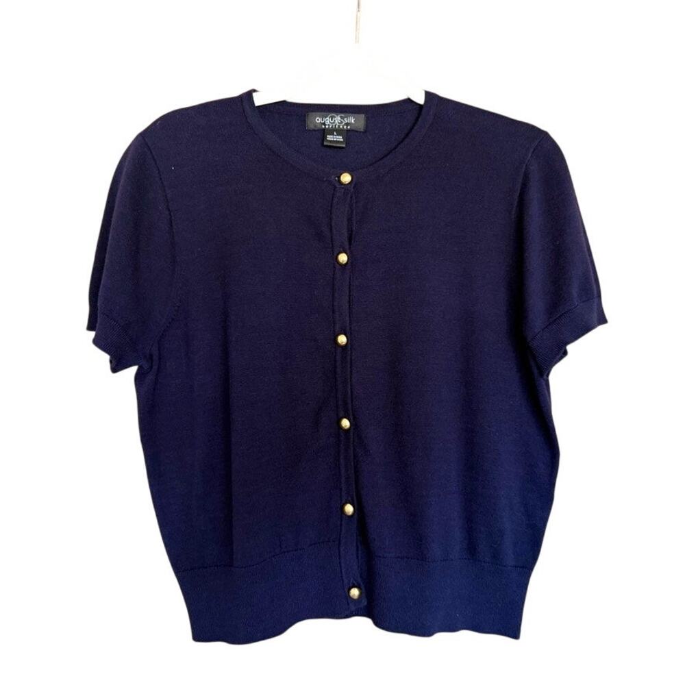 August Silk Heritage Size L Navy Blue Short Sleeve Cotton Button Down Cardigan